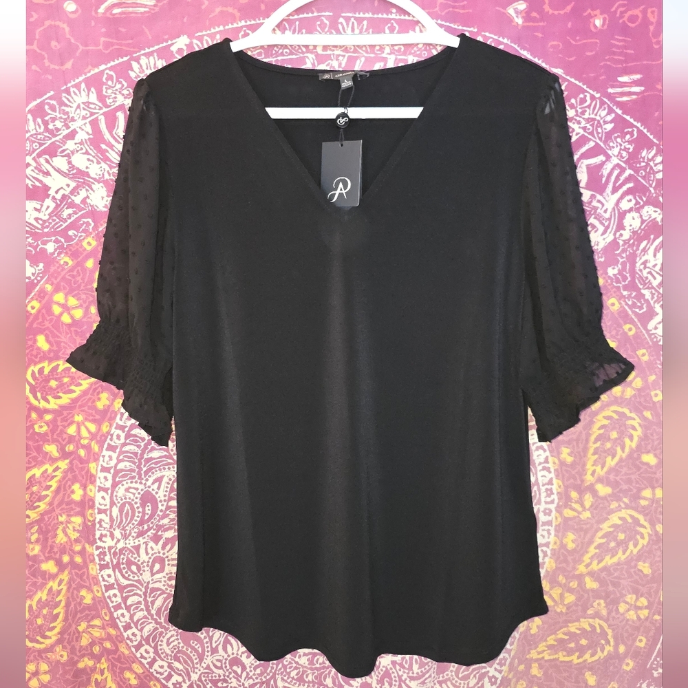NWT Adrianna Papell Black V-Neck Blouse Mesh Swiss Dot Sleeve Large